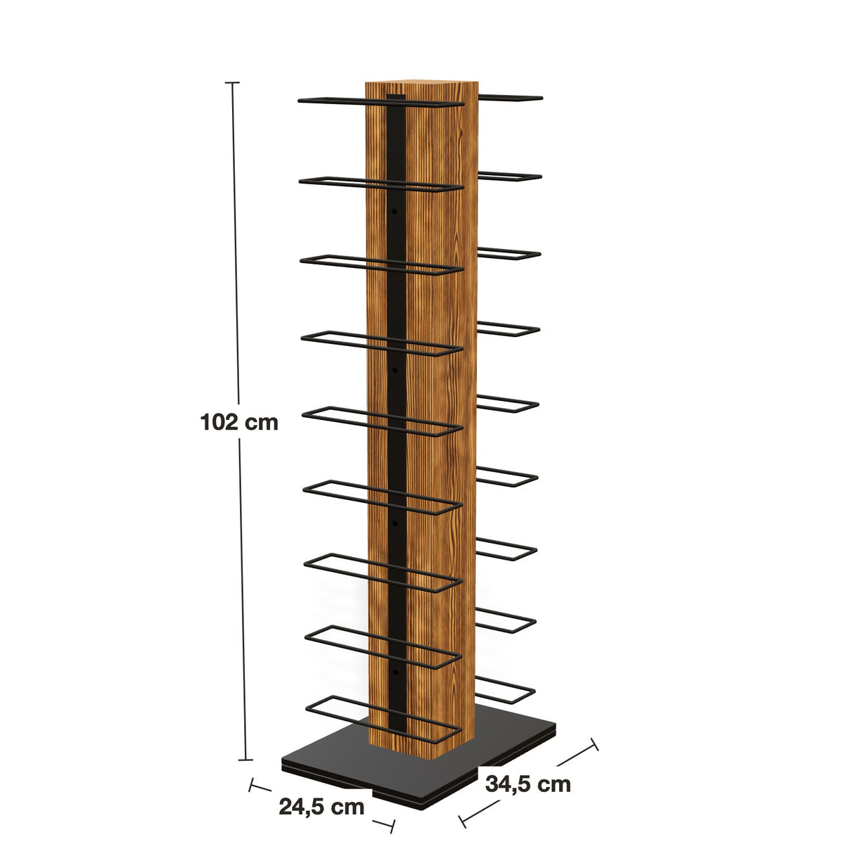 Maße drehbares Weindiener Weinregal 18 Flaschen: Höhe 102 cm, Sockel 24,5 × 34,5 cm